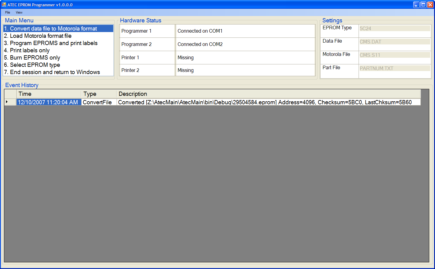 ATEC EPROM Programmer v1.0.0.0 — main screen with Main Menu (Convert / Load / Program / Print / Burn / Select / End), Hardware Status (two programmers, two printers), Settings (EPROM type, data file, Motorola file, part file), and Event History