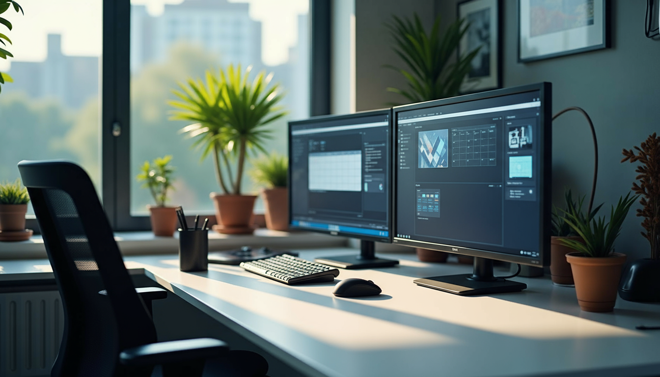 A1SI engineering workstation — two large displays running PCB layout and signal-integrity software, a mechanical keyboard and mouse on a clean workbench, neutral office lighting; the everyday surface where schematic capture, place-and-route, and bring-up sit side by side.
