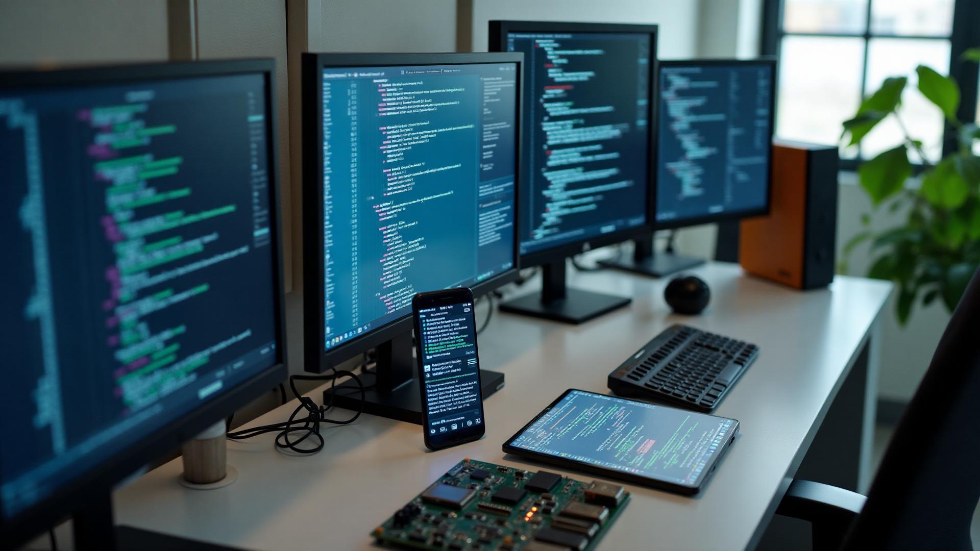 A1SI engineering workstation — a multi-monitor desk running code editors, a smartphone and tablet on the desk in front of the screens, and a populated PCB next to the keyboard. The everyday surface where firmware and mobile-app development sit side by side.