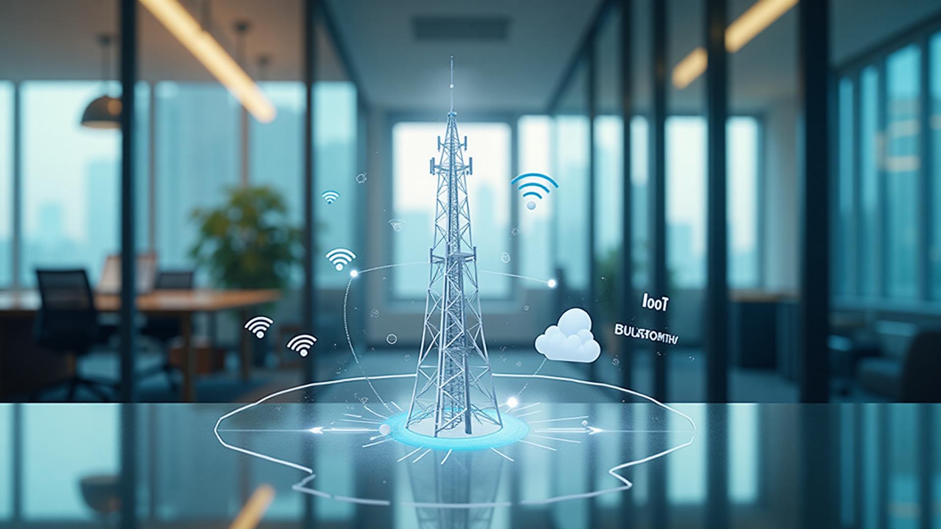 A1SI wireless-engineering composite — a cellular tower silhouetted against an office window with Wi-Fi, Bluetooth, IoT, and cloud-link iconography flowing around it. The visual register for a wireless practice that covers every range from short-range BLE to cellular and LPWAN.